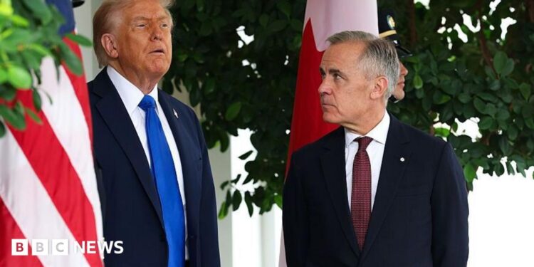 US President Donald Trump speaks to Canadian Prime Minister Mark Carney during a welcome outside the West Wing of the White House in October 2025