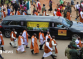 Royal guards escort the cortege with the body of King Oyo Nyimba Kabamba Iguru Rukidi IV for his burial at the Karambi Royal Tombs in Fort Portal, Uganda 12 September, 2026
