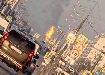 Flames and smoke rise from an industrial facility in Novy Urengoy, in Russia’s Yamalo-Nenets Autonomous Okrug