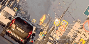 Flames and smoke rise from an industrial facility in Novy Urengoy, in Russia’s Yamalo-Nenets Autonomous Okrug
