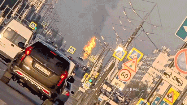 Flames and smoke rise from an industrial facility in Novy Urengoy, in Russia’s Yamalo-Nenets Autonomous Okrug