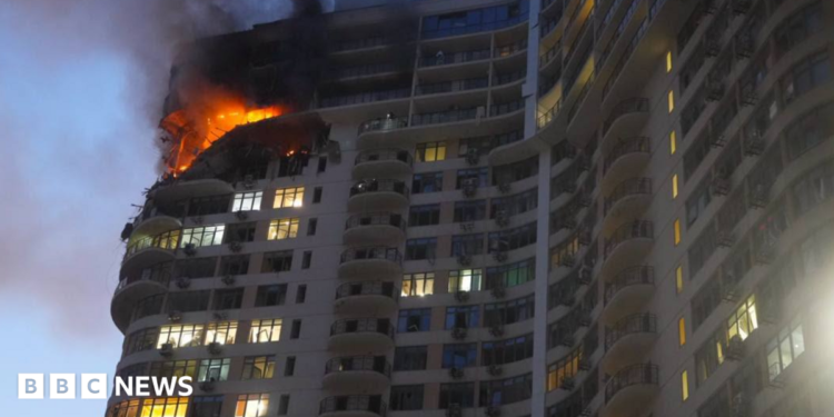 A fire burns at top floors of a multi-storey residential building in Odesa, southern Ukraine, following a Russian aerial attack. Photo: 12 September 2026.