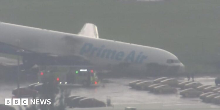 Plane with 'Prime Air' written along the side crashed onto a runaway.