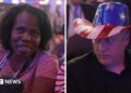 A splitscreen of a woman on the left in a lanyard and a man on the right in a USA cowboy hat.