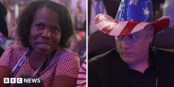 A splitscreen of a woman on the left in a lanyard and a man on the right in a USA cowboy hat.