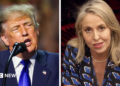 A split screen image. On the left, Donald Trump. On the right, Sarah Smith.