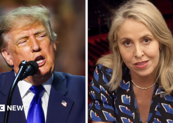 A split screen image. On the left, Donald Trump. On the right, Sarah Smith.