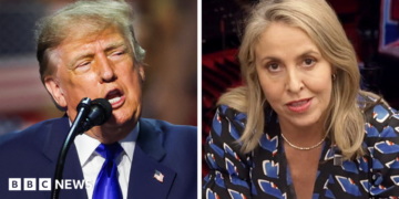 A split screen image. On the left, Donald Trump. On the right, Sarah Smith.