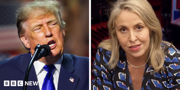 A split screen image. On the left, Donald Trump. On the right, Sarah Smith.