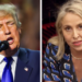 A split screen image. On the left, Donald Trump. On the right, Sarah Smith.