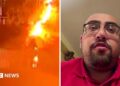 Splitscreen showing bright orange lightening on the left, and man in glasses and red polo on the right