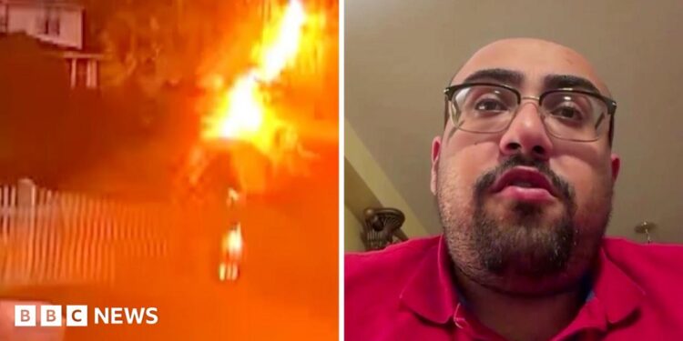 Splitscreen showing bright orange lightening on the left, and man in glasses and red polo on the right