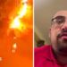 Splitscreen showing bright orange lightening on the left, and man in glasses and red polo on the right