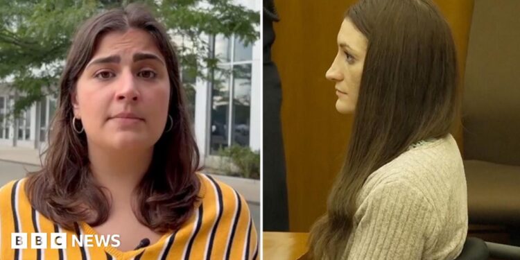 Split screen showing BBC reporter Ana Faguy outside court and Lindsay Clancy inside court.