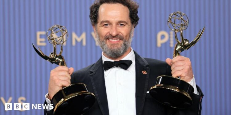 Matthew Rhys, winner of the Outstanding Lead Actor in a Comedy Series Award for "Widow's Bay" and the Outstanding Lead Actor in a Limited or Anthology Series or Movie Award for "The Beast in Me" poses in the press room during the 78th Primetime Emmy Awards at Peacock Theater on September 14, 2026 in Los Angeles, California