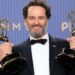 Matthew Rhys, winner of the Outstanding Lead Actor in a Comedy Series Award for "Widow's Bay" and the Outstanding Lead Actor in a Limited or Anthology Series or Movie Award for "The Beast in Me" poses in the press room during the 78th Primetime Emmy Awards at Peacock Theater on September 14, 2026 in Los Angeles, California