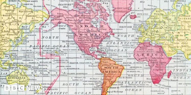 Side-by-side maps of Africa comparing two map projections. The Mercator projection on the left makes Africa appear smaller in comparison with Europe to its north. The Equal Earth projection on the right shows a longer, more proportionally accurate shape of the continent.