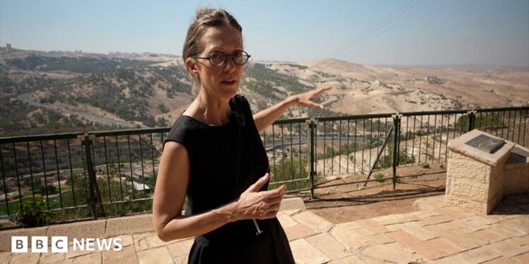 Lucy Williamson pointing to E1 settlement, seen on the right