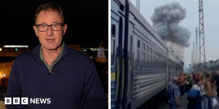 Split screen showing BBC reporter talking to camera at night and a train with smoke from an explosion above it.