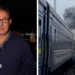 Split screen showing BBC reporter talking to camera at night and a train with smoke from an explosion above it.