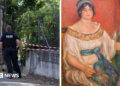 A composite image of two photos. On the left a local policeman with the words POLICE on his back stands next to a hole in the outer fence of the Renoir Museum. There is police tape across the fence. On the right is a painting of a woman sitting on an old-fashioned chaise-longue. She is wearing a floaty white dress with a piece of blue fabric as a belt.