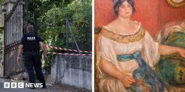 A composite image of two photos. On the left a local policeman with the words POLICE on his back stands next to a hole in the outer fence of the Renoir Museum. There is police tape across the fence. On the right is a painting of a woman sitting on an old-fashioned chaise-longue. She is wearing a floaty white dress with a piece of blue fabric as a belt.