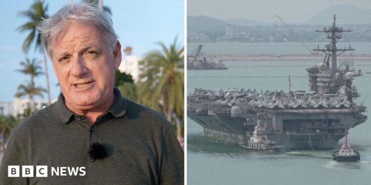 Split image, on the left is a man standing in front of palm trees and a blue sky. On the right is the USS Abraham Lincoln near a port