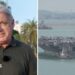 Split image, on the left is a man standing in front of palm trees and a blue sky. On the right is the USS Abraham Lincoln near a port