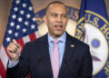 House Minority Leader Hakeem Jeffries of N.Y., speaks during a news conference to introduce the Democratic House leadership for the next session of Congress on Capitol Hill, Tuesday, Nov. 19, 2024, in Washington. (AP Photo/Mark Schiefelbein)